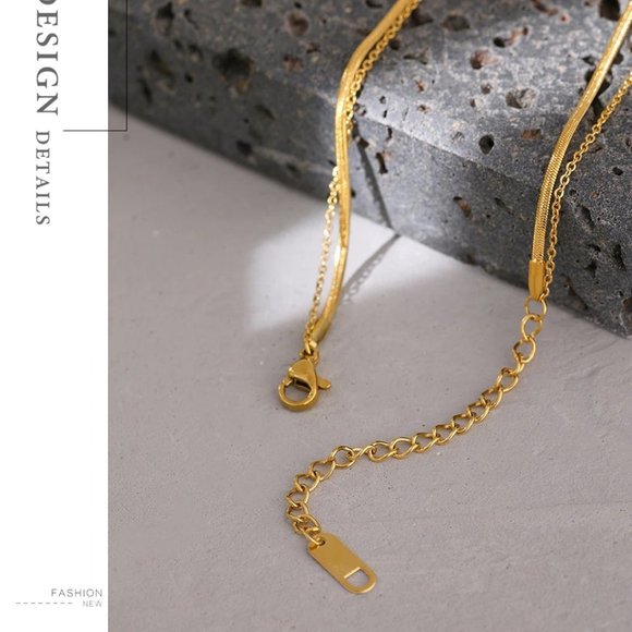 New 18K Gold Plated Coin Drop Double Layer Herringbone Necklace - Picture 4 of 7